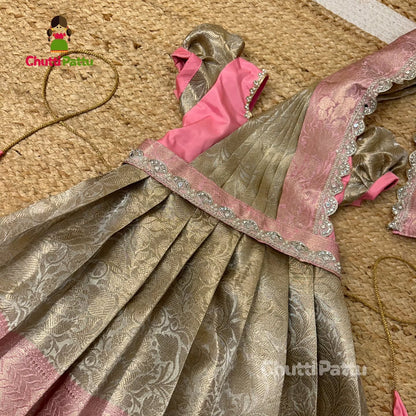 Pastel Pink & Gold Premium Tissue Silk Gown with Detachable Dupatta | CPM_0333