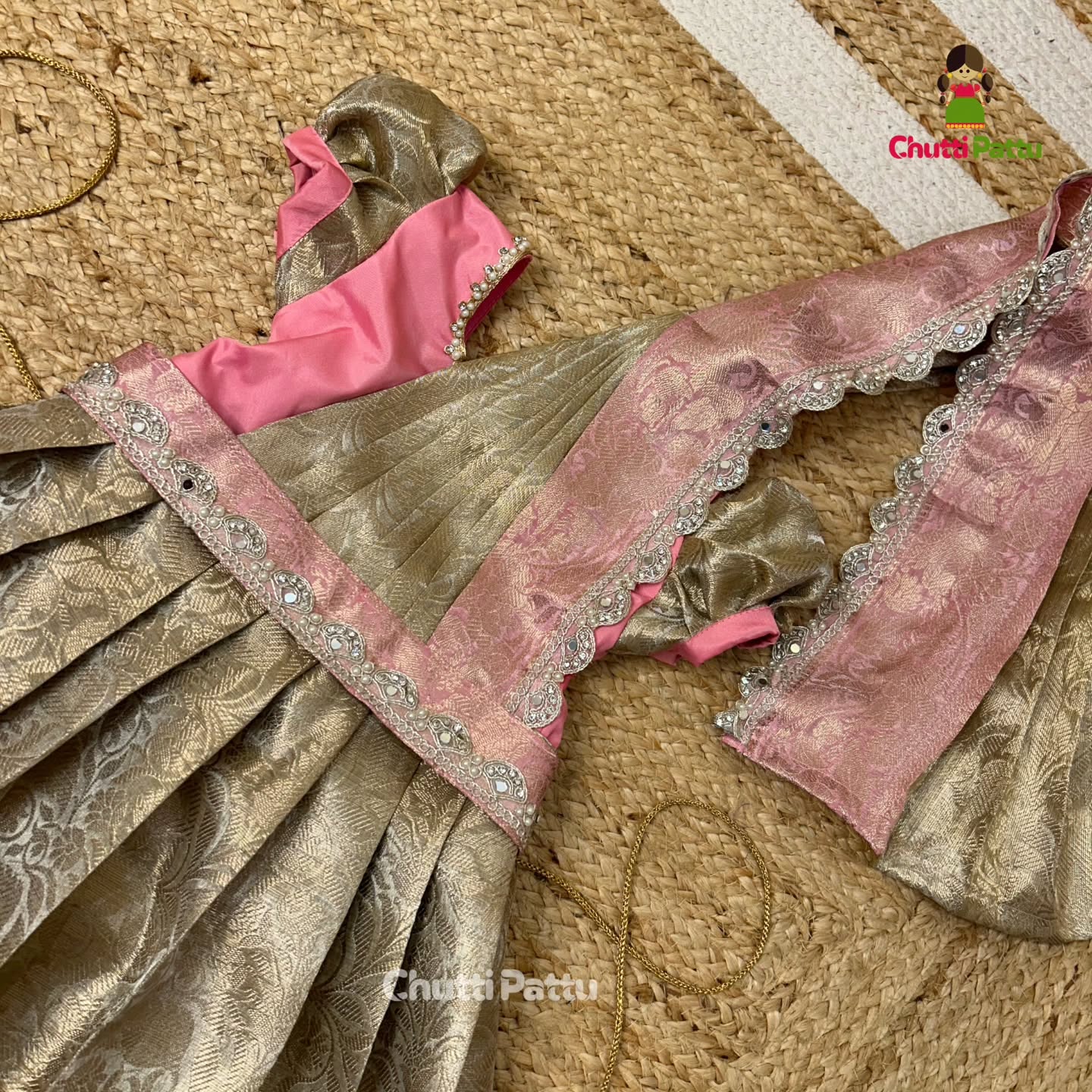 Pastel Pink & Gold Premium Tissue Silk Gown with Detachable Dupatta | CPM_0333