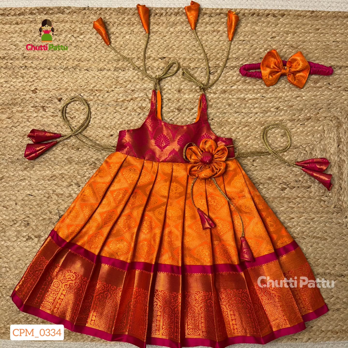 Orange & Pink Pure Kanchi Silk Tie-Up Frock | CPM_0334