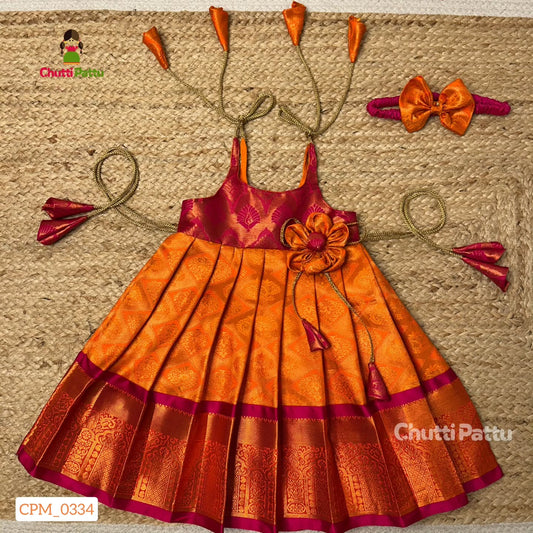 Orange & Pink Pure Kanchi Silk Tie-Up Frock | CPM_0334