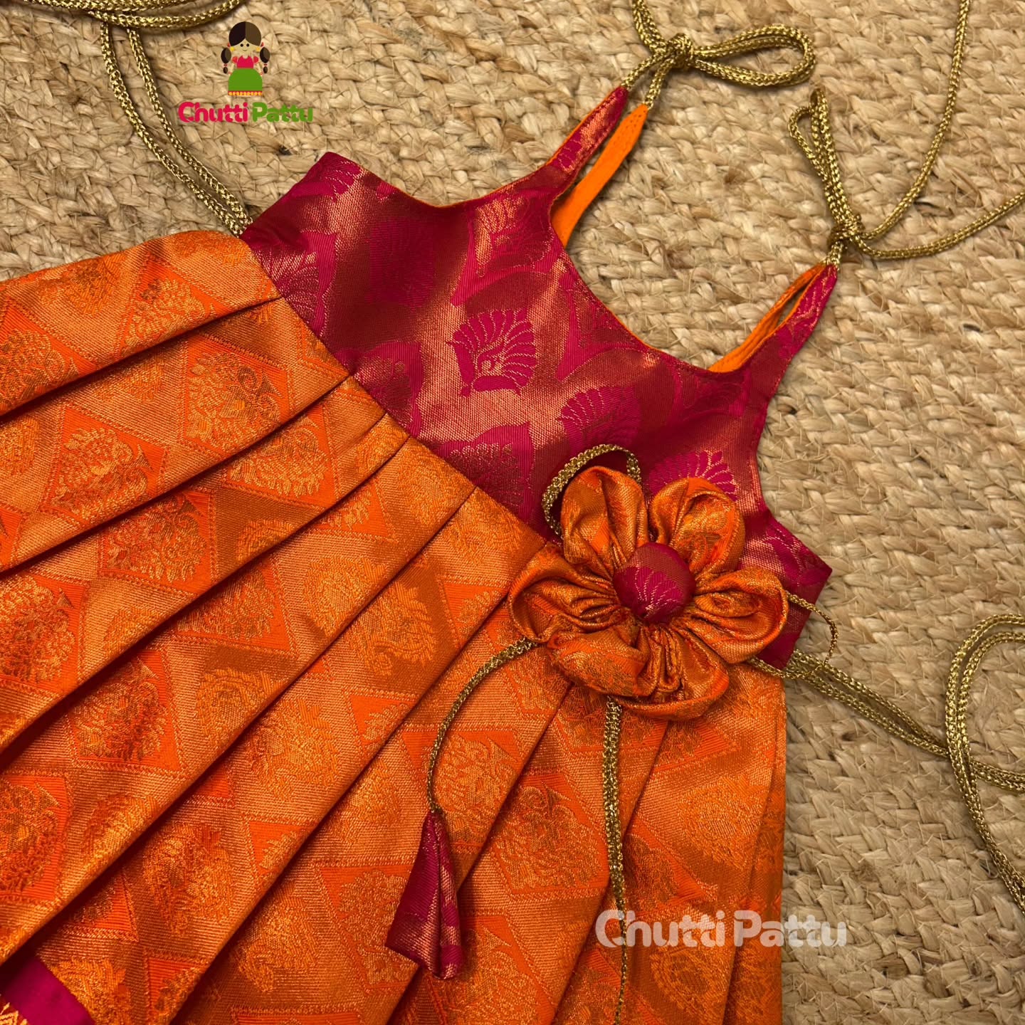 Orange & Pink Pure Kanchi Silk Tie-Up Frock | CPM_0334