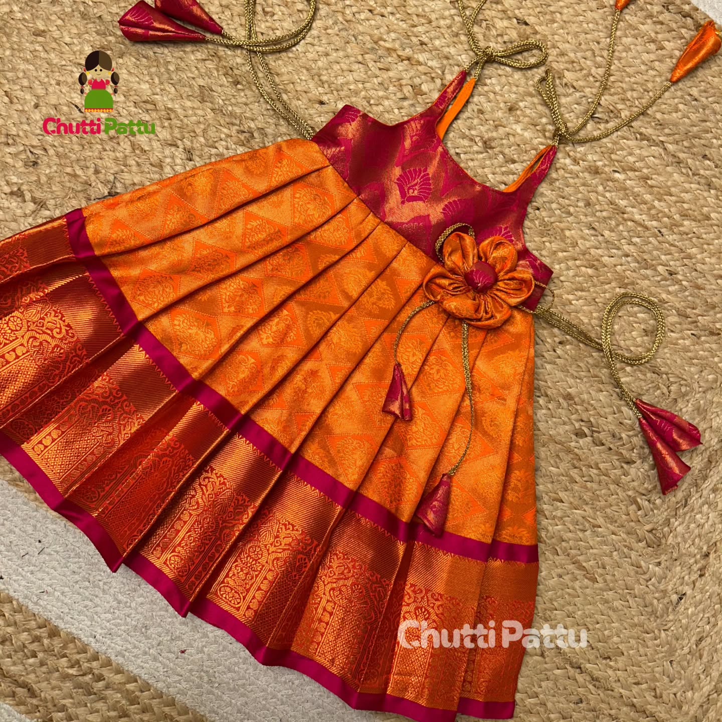 Orange & Pink Pure Kanchi Silk Tie-Up Frock | CPM_0334