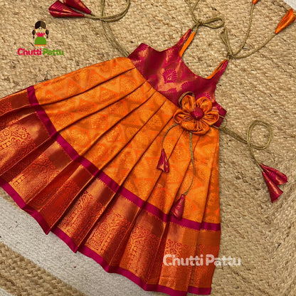 Orange & Pink Pure Kanchi Silk Tie-Up Frock | CPM_0334