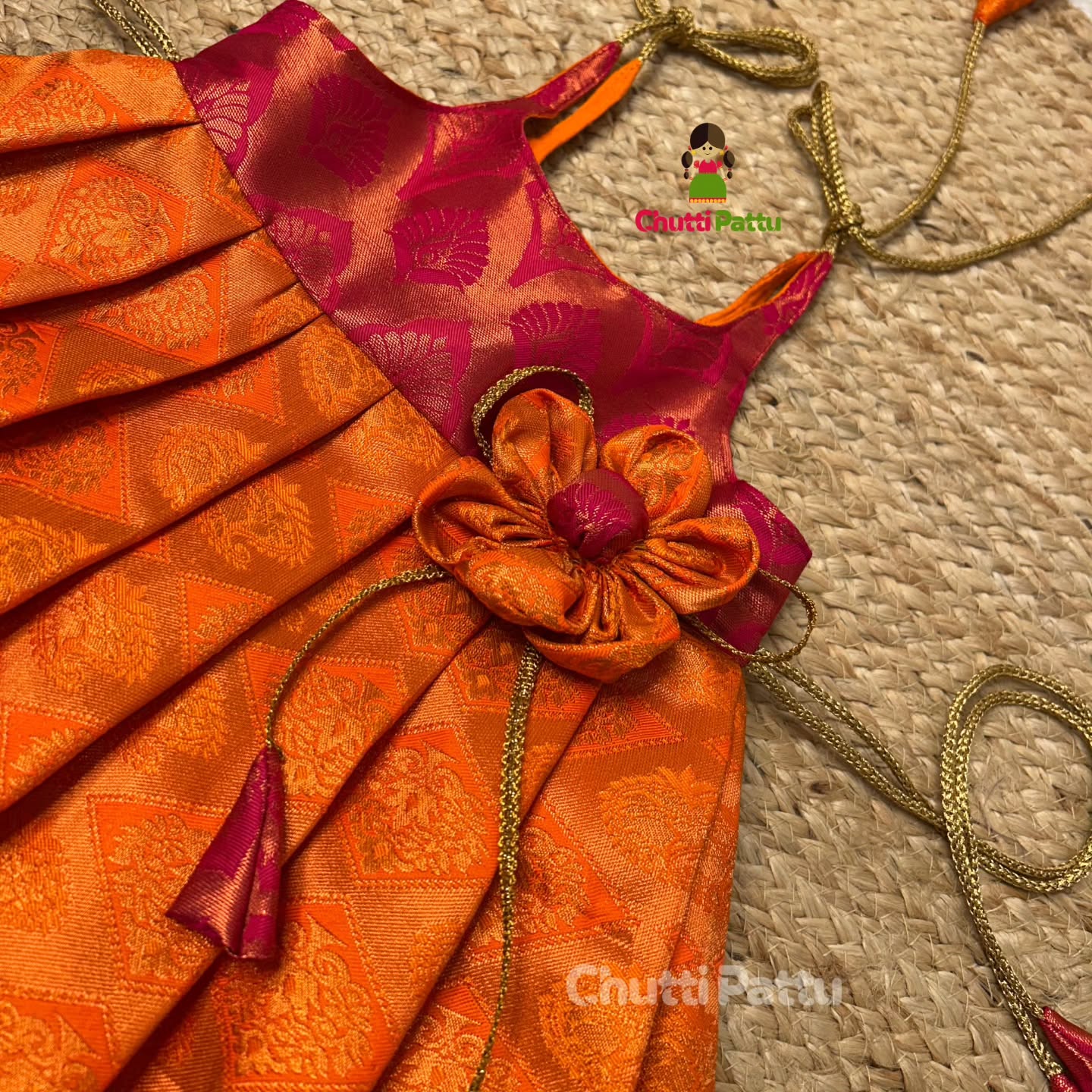 Orange & Pink Pure Kanchi Silk Tie-Up Frock | CPM_0334
