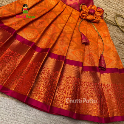 Orange & Pink Pure Kanchi Silk Tie-Up Frock | CPM_0334