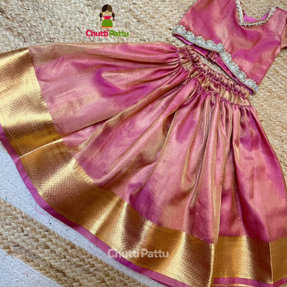 Pink Metallic Tissue Silk Pattu Frock | CPM_0335