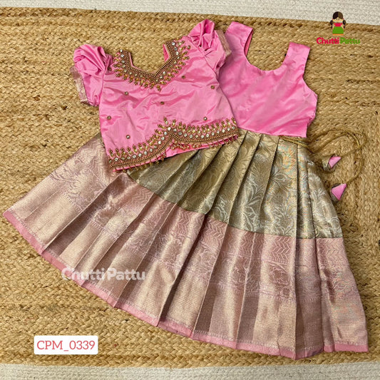 Premium Pastel Pink & Gold Aari Work Pattu Pavadai | CPM_0339