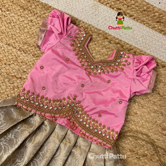 Premium Pastel Pink & Gold Aari Work Pattu Pavadai | CPM_0339