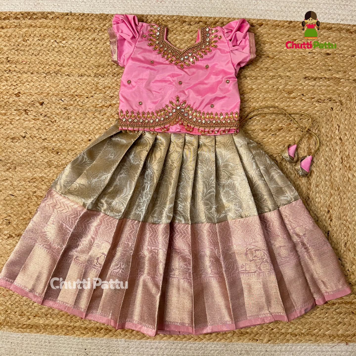 Premium Pastel Pink & Gold Aari Work Pattu Pavadai | CPM_0339