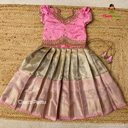 Premium Pastel Pink & Gold Aari Work Pattu Pavadai | CPM_0339