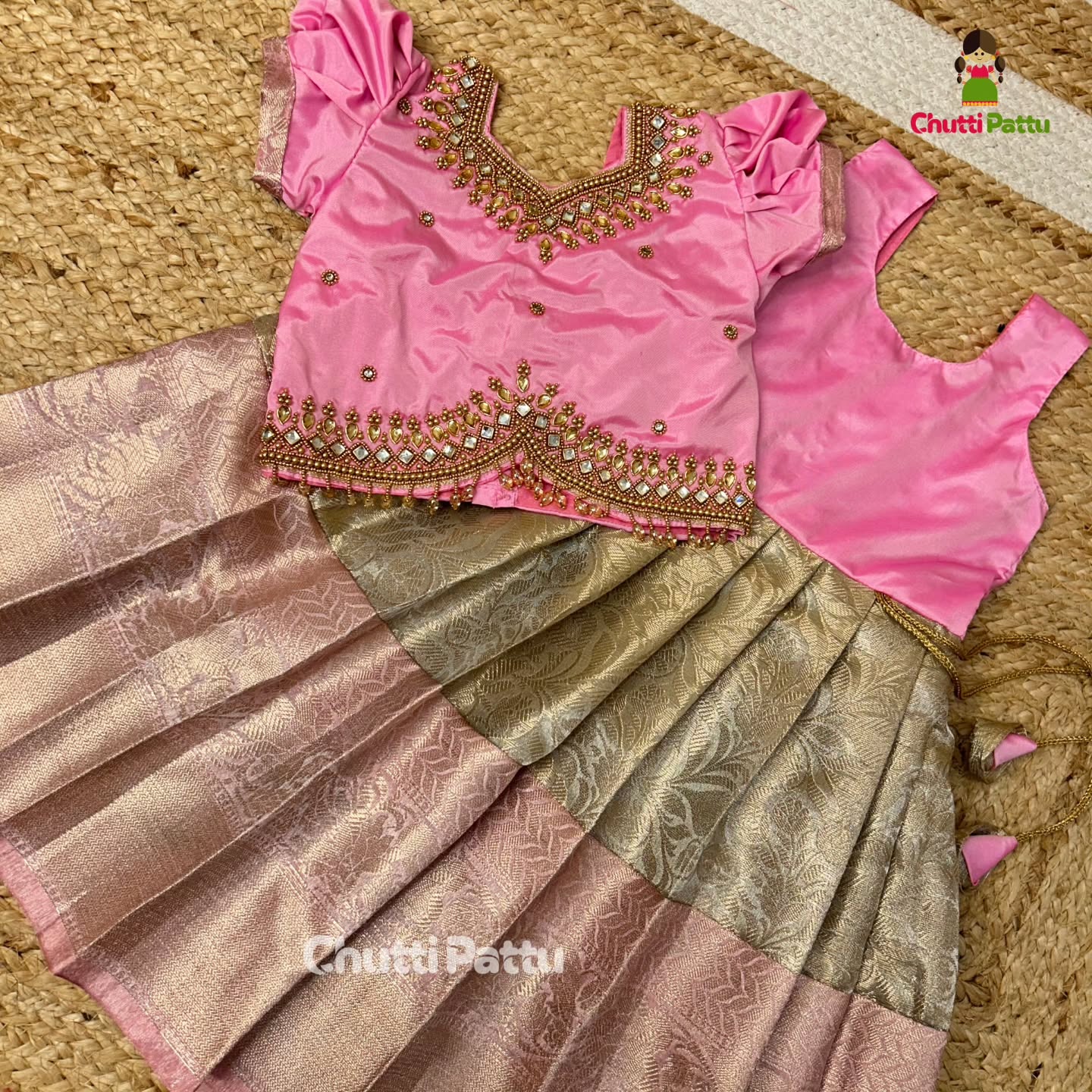 Premium Pastel Pink & Gold Aari Work Pattu Pavadai | CPM_0339