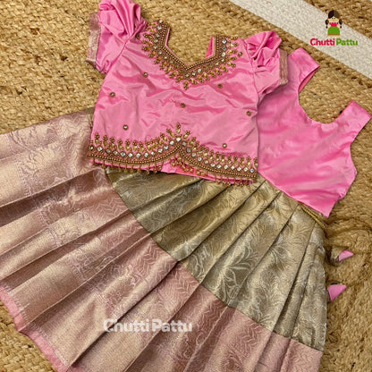 Premium Pastel Pink & Gold Aari Work Pattu Pavadai | CPM_0339