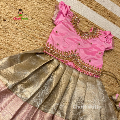 Premium Pastel Pink & Gold Aari Work Pattu Pavadai | CPM_0339