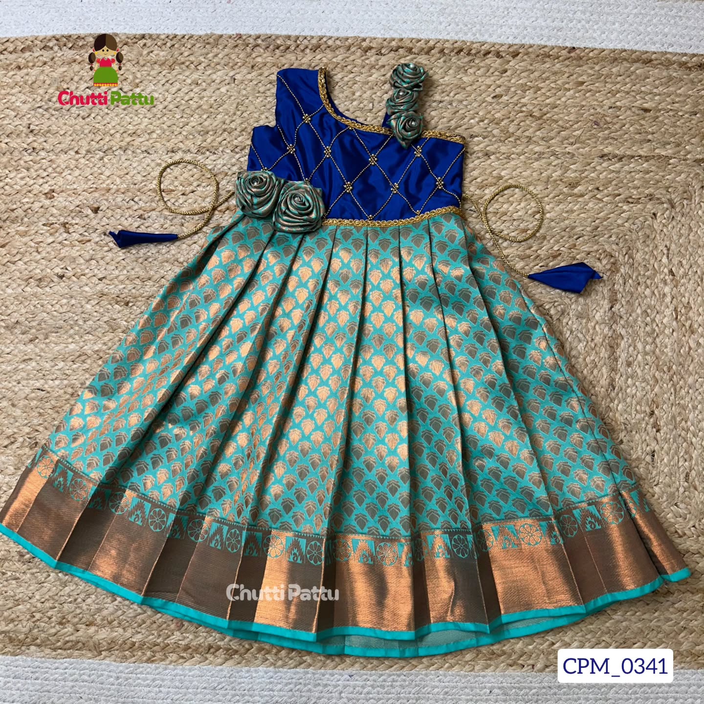 Royal Blue & Seafoam Green Kanchi Soft Silk Crisscross Rose Frock | CPM_0341