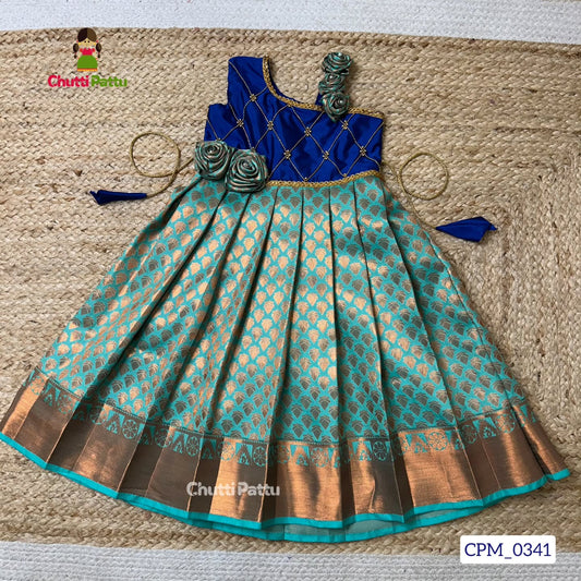 Royal Blue & Seafoam Green Kanchi Soft Silk Crisscross Rose Frock | CPM_0341