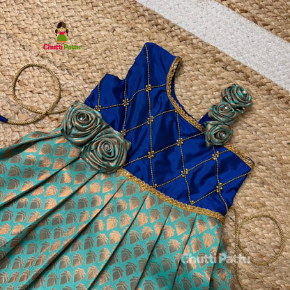 Royal Blue & Seafoam Green Kanchi Soft Silk Crisscross Rose Frock | CPM_0341