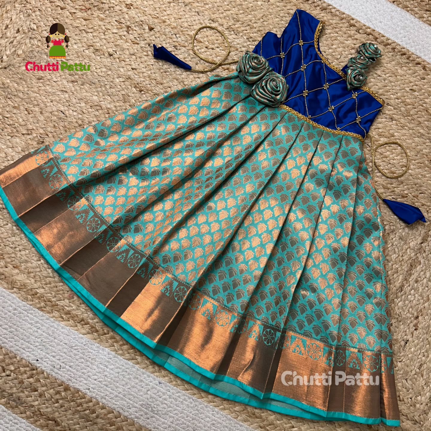 Royal Blue & Seafoam Green Kanchi Soft Silk Crisscross Rose Frock | CPM_0341
