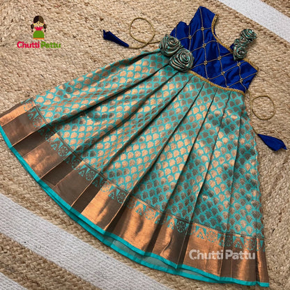 Royal Blue & Seafoam Green Kanchi Soft Silk Crisscross Rose Frock | CPM_0341