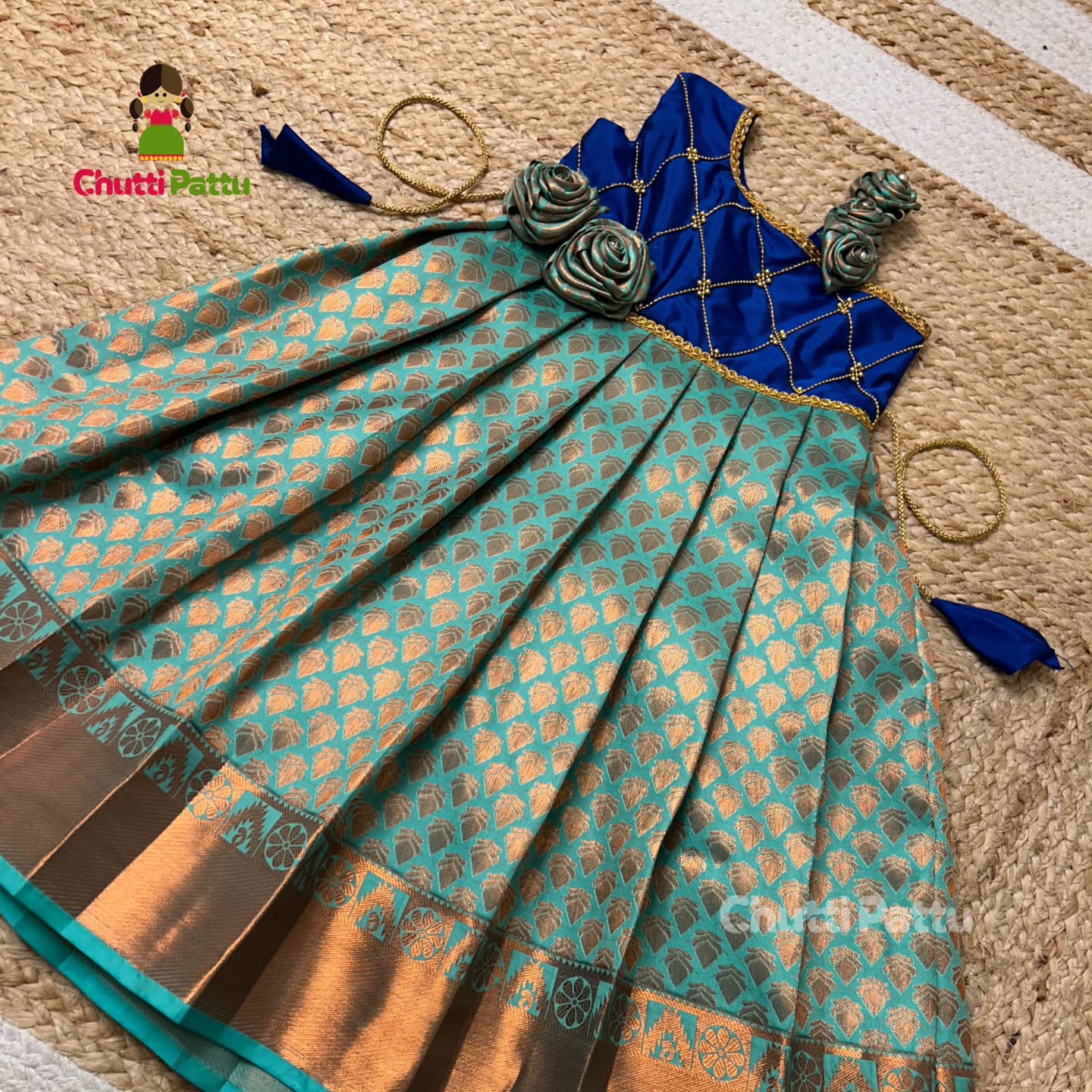 Royal Blue & Seafoam Green Kanchi Soft Silk Crisscross Rose Frock | CPM_0341
