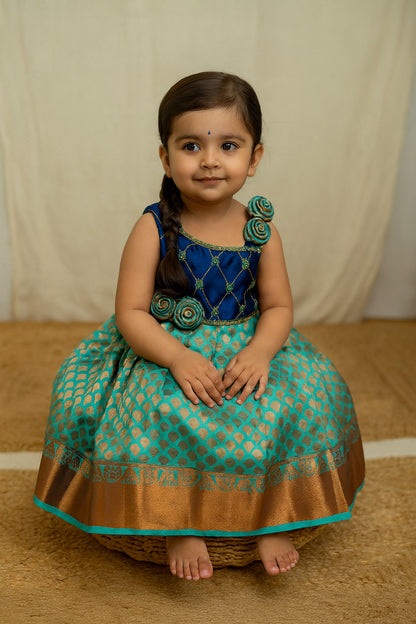 Royal Blue & Seafoam Green Kanchi Soft Silk Crisscross Rose Frock | CPM_0341