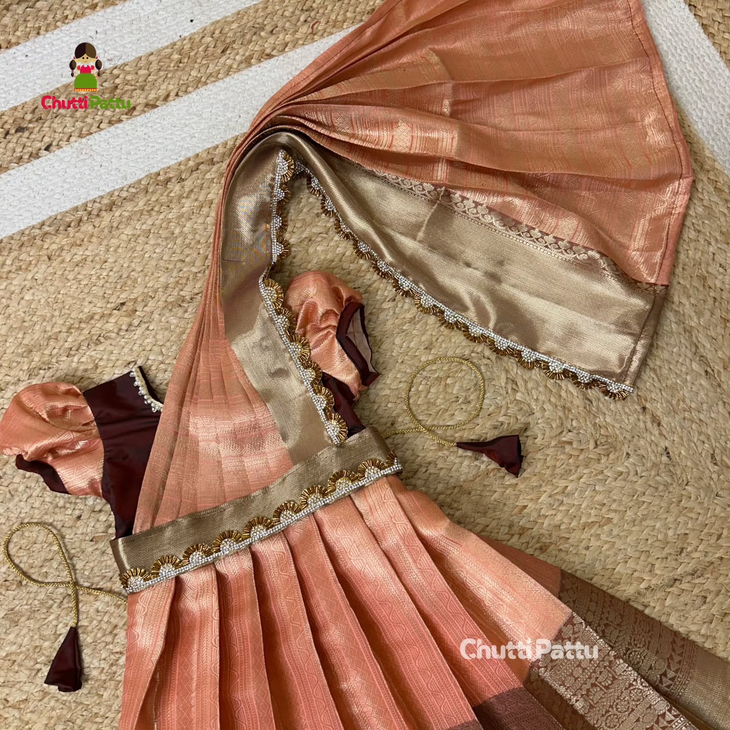 Peach & Dark Maroon Semi Kanchi Silk Gown | CPM_0343