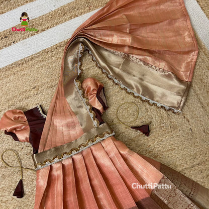 Peach & Dark Maroon Semi Kanchi Silk Gown | CPM_0343