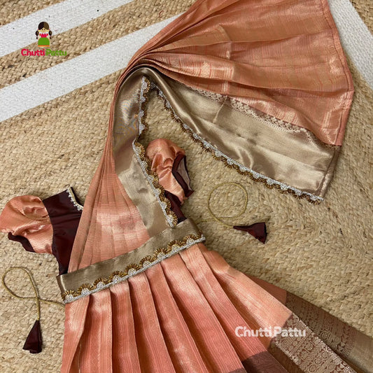 Peach & Dark Maroon Semi Kanchi Silk Gown | CPM_0343