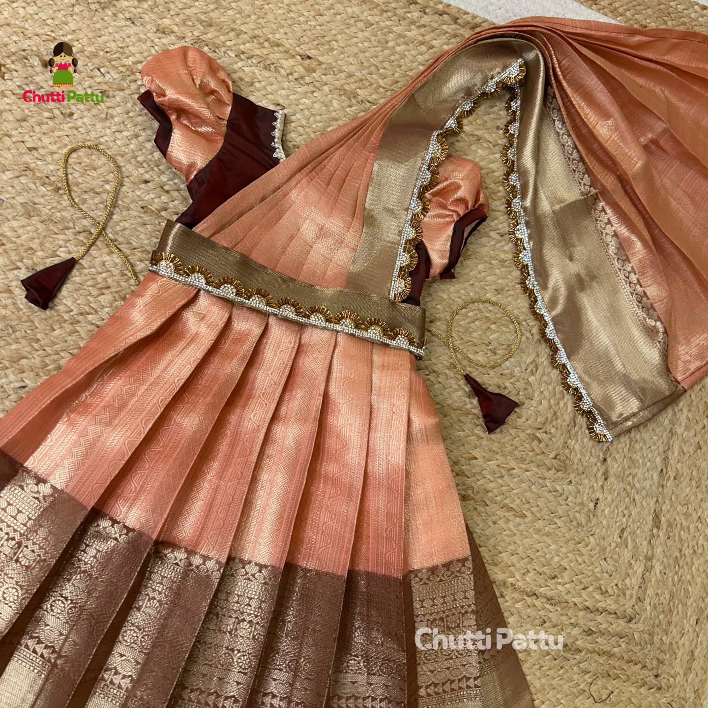 Peach & Dark Maroon Semi Kanchi Silk Gown | CPM_0343