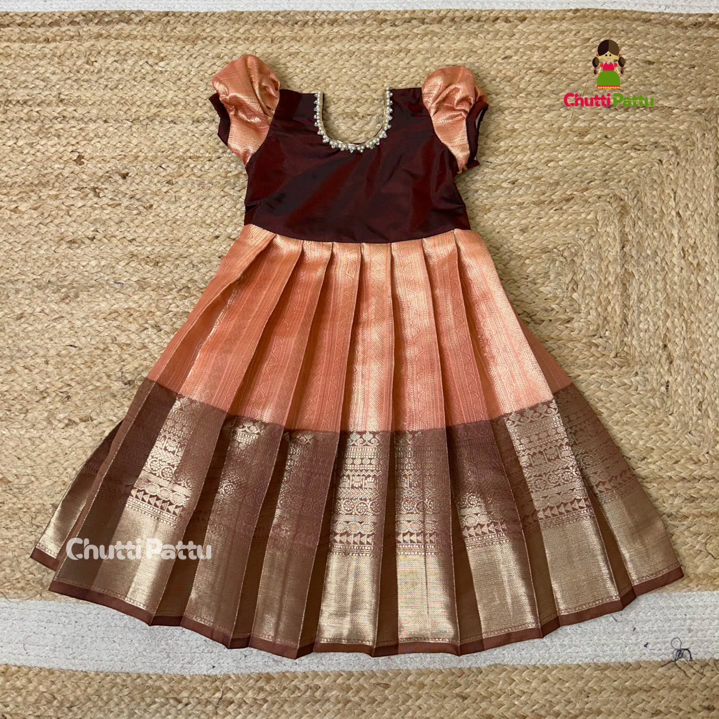 Peach & Dark Maroon Semi Kanchi Silk Gown | CPM_0343