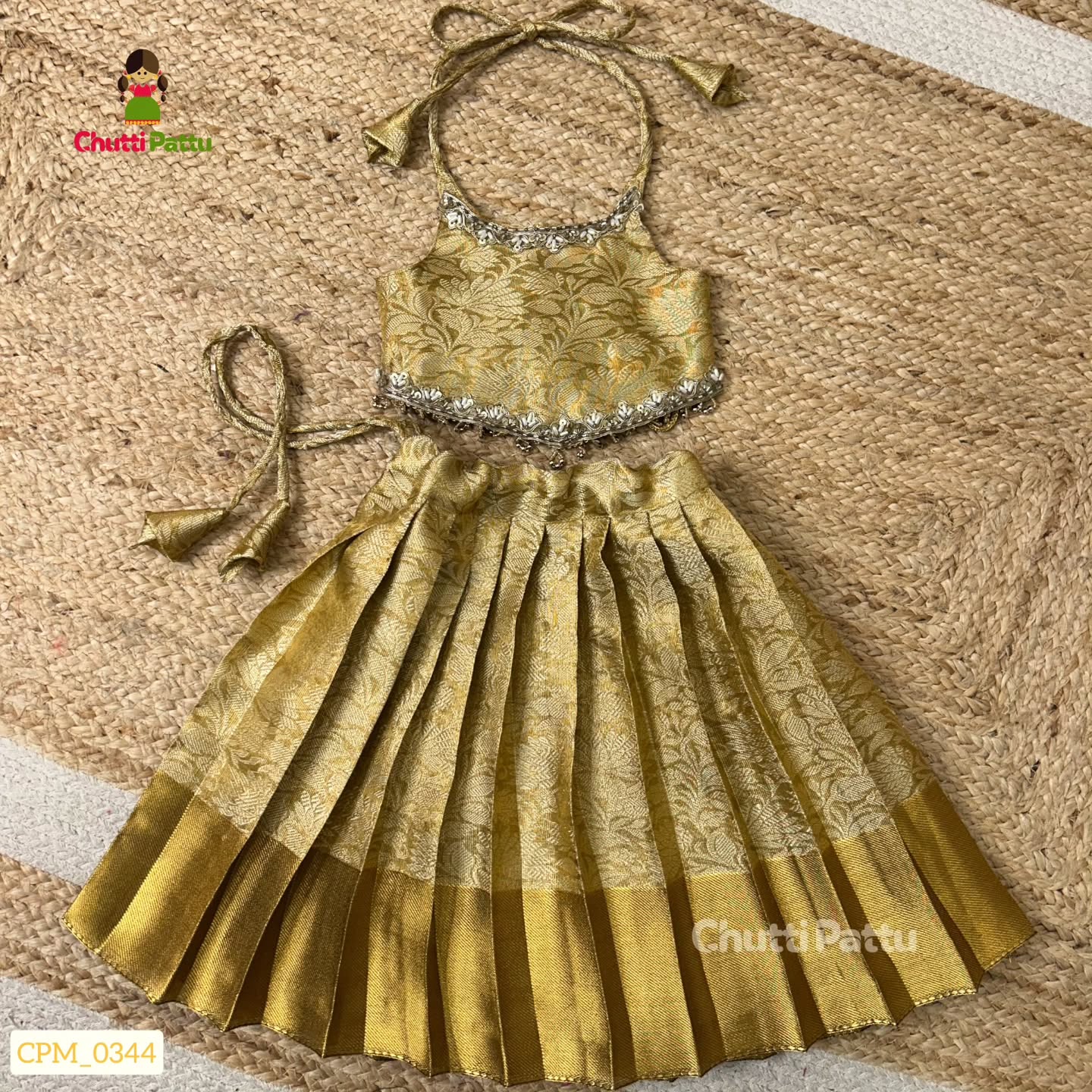 Elegant Gold Semi Kanchi Soft Tissue Silk Frock | CPM_0344