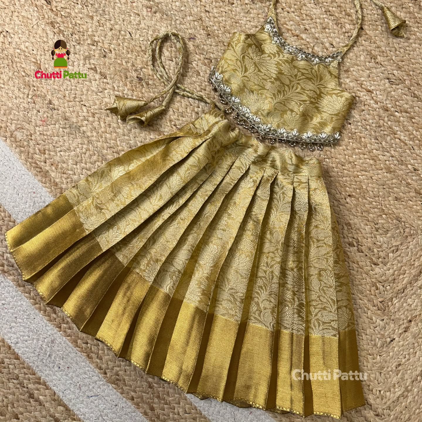 Elegant Gold Semi Kanchi Soft Tissue Silk Frock | CPM_0344