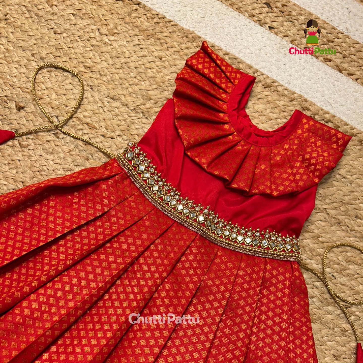 Classic Red Kanchi Soft Silk Aari Frock | CPM_0345