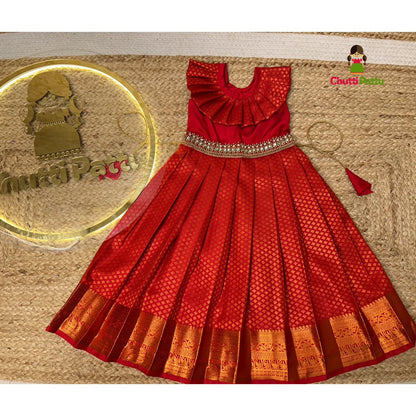 Classic Red Kanchi Soft Silk Aari Frock | CPM_0345