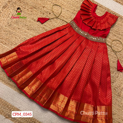 Classic Red Kanchi Soft Silk Aari Frock | CPM_0345