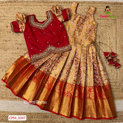 Golden Red Kanchi Tissue Silk Premium Aari Work Pattu Pavadai | CPM_0347