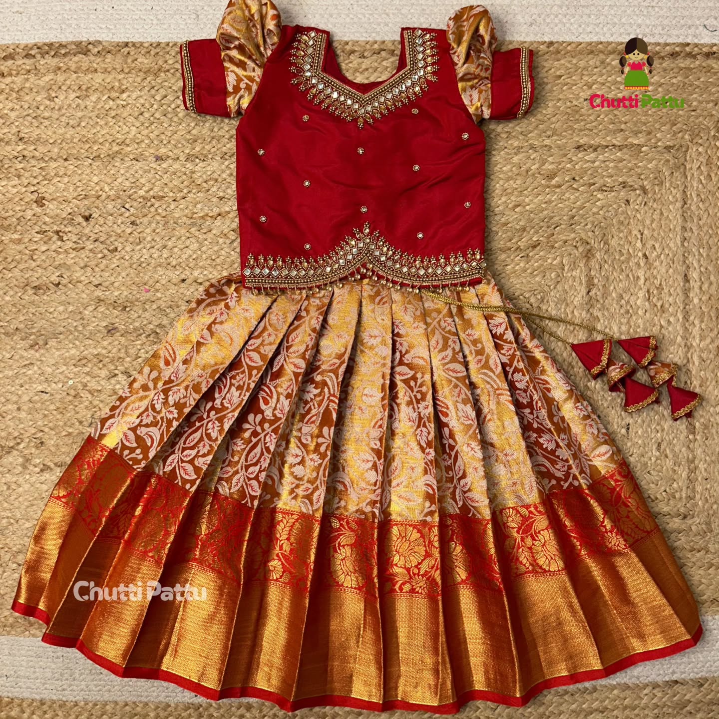 Golden Red Kanchi Tissue Silk Premium Aari Work Pattu Pavadai | CPM_0347