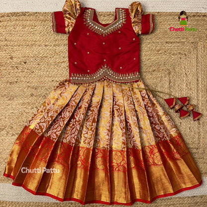 Golden Red Kanchi Tissue Silk Premium Aari Work Pattu Pavadai | CPM_0347