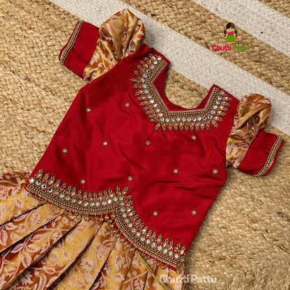 Golden Red Kanchi Tissue Silk Premium Aari Work Pattu Pavadai | CPM_0347
