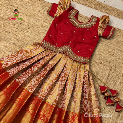 Golden Red Kanchi Tissue Silk Premium Aari Work Pattu Pavadai | CPM_0347