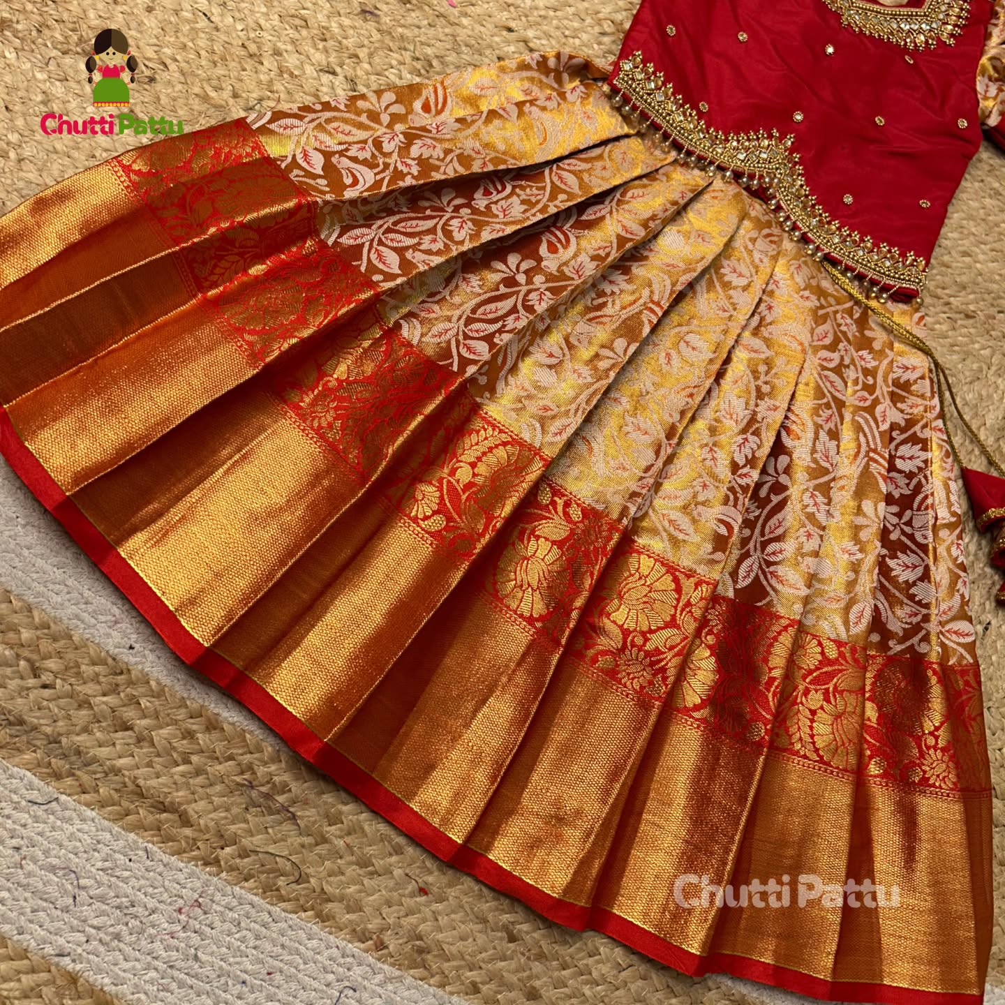 Golden Red Kanchi Tissue Silk Premium Aari Work Pattu Pavadai | CPM_0347