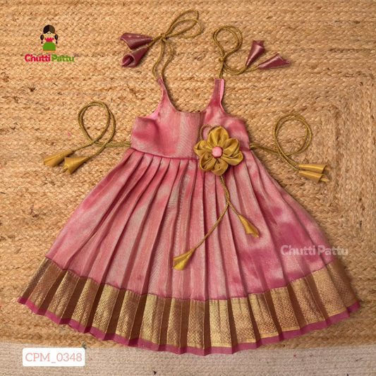 Pretty Pink Metallic Tissue Silk Tie-Up Frock | CPM_0348