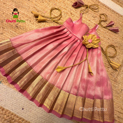 Pretty Pink Metallic Tissue Silk Tie-Up Frock | CPM_0348