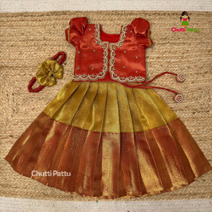 Gold and Red Premium Banarasi Tissue Silk Aari Set | CPM_0349