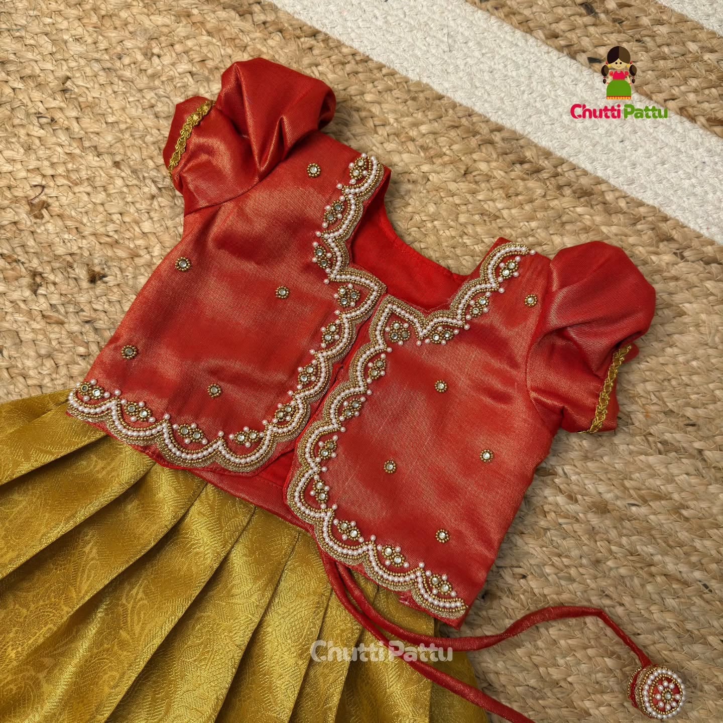 Gold and Red Premium Banarasi Tissue Silk Aari Set | CPM_0349