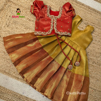 Gold and Red Premium Banarasi Tissue Silk Aari Set | CPM_0349