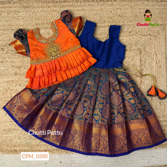 Orange & Blue Premium Aari Pattu Pavadai | CPM_0350