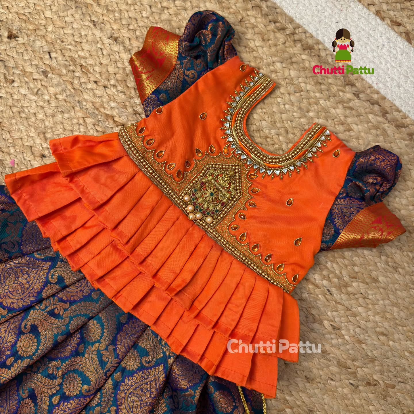 Orange & Blue Premium Aari Pattu Pavadai | CPM_0350