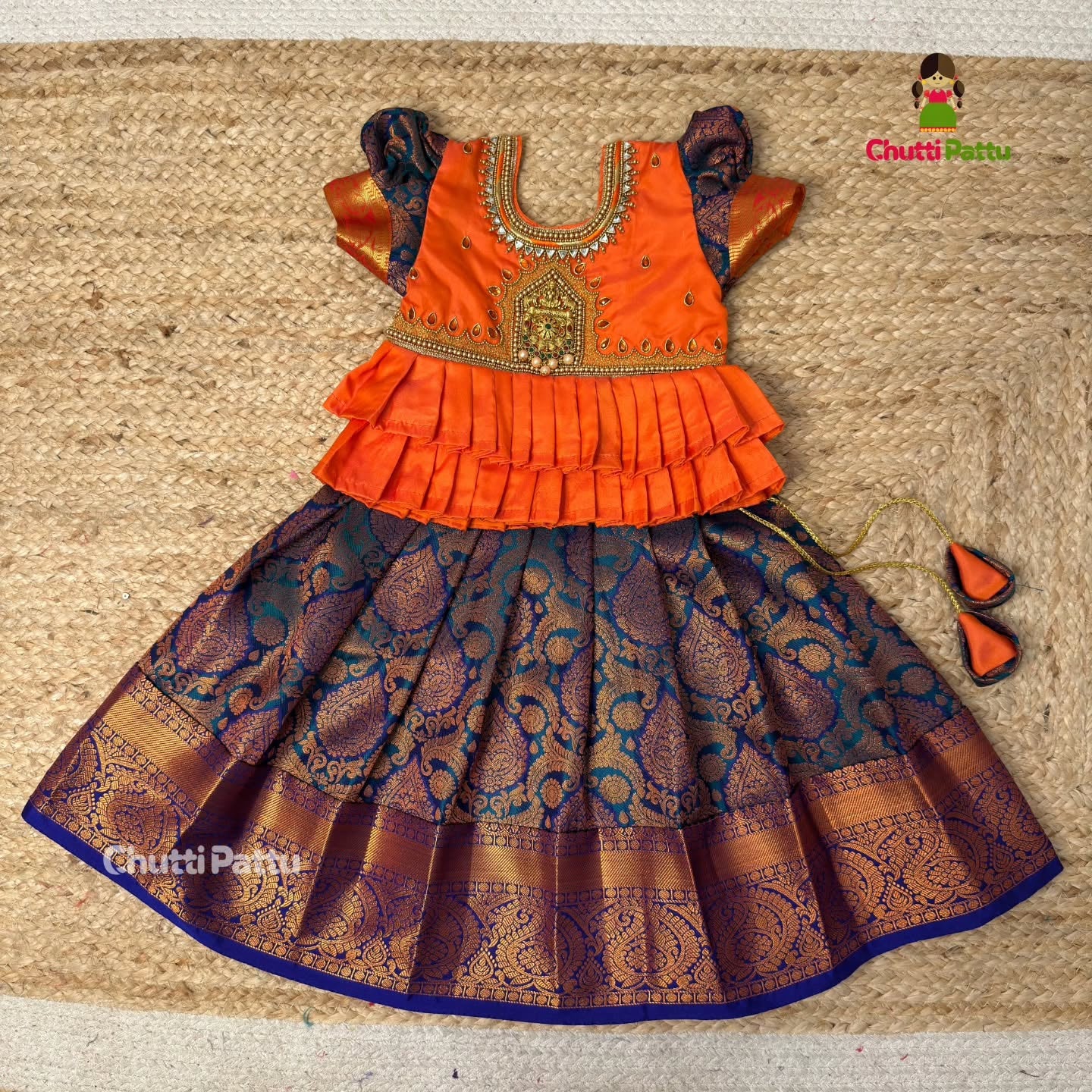 Orange & Blue Premium Aari Pattu Pavadai | CPM_0350