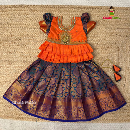 Orange & Blue Premium Aari Pattu Pavadai | CPM_0350