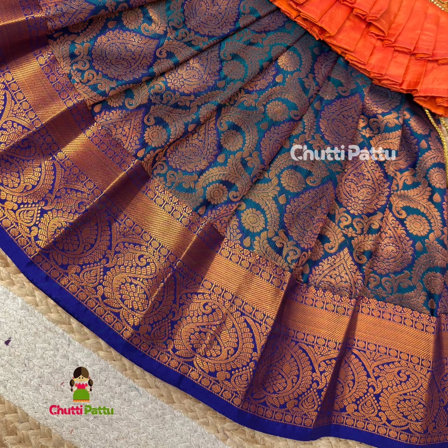 Orange & Blue Premium Aari Pattu Pavadai | CPM_0350